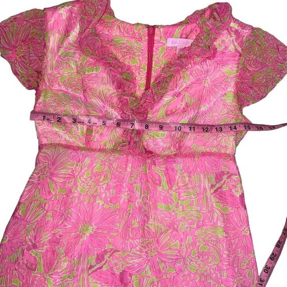 Lilly Pulitzer Silk Pink Green Floral Flutter Sleeve A-Line Dress V-Neck sz 00 - Picture 6 of 9